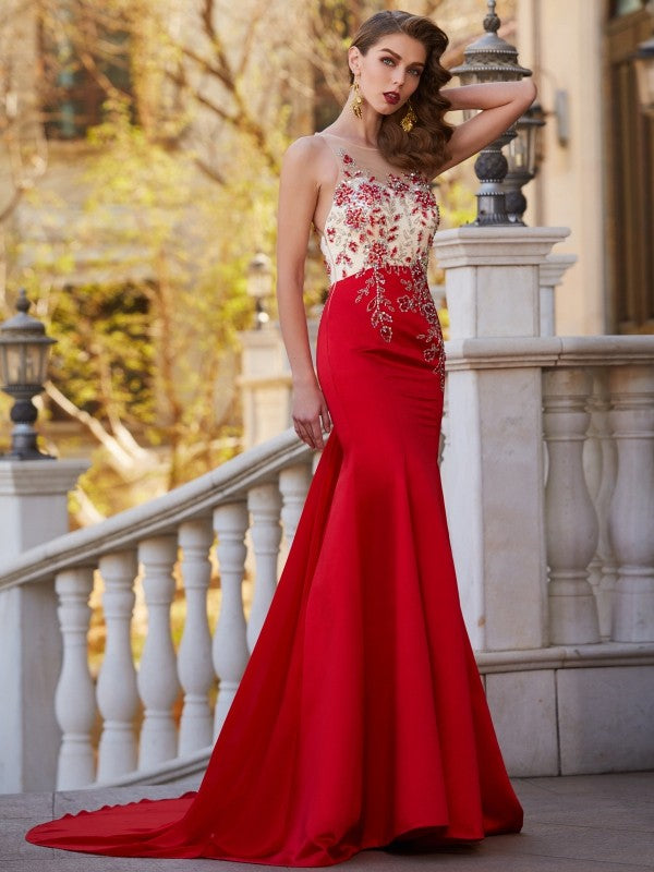 Vestidos de satén con apliques y cola de corte trompeta/sirena, sin mangas y cuello transparente